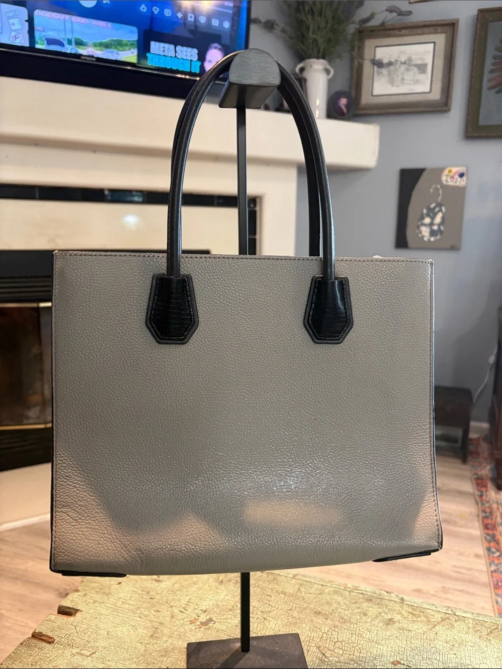 Michael Kors Mercer Studio Large Accordion Tote Pearl Grey Black Leather